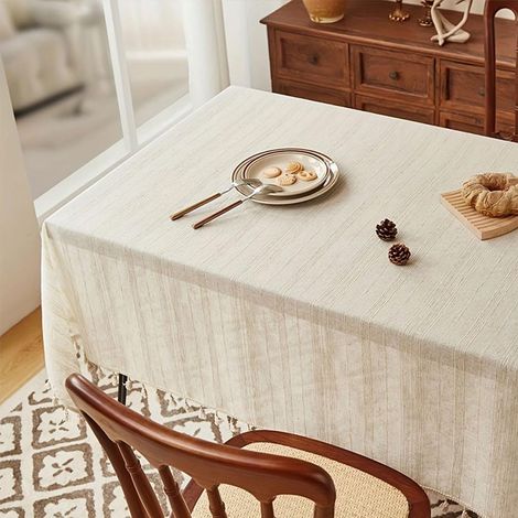 Mantel rectangular de 220x140cm - Beige - Lino - Lavable - Con flecos - Para decoración de mesa - Mantel de boda (1/5)