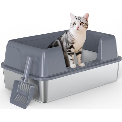 Bac à Litière pour Chat en Acier Inoxydable, Litière pour Chat à Entrée Latérale avec Pelle, Adaptée aux Grands Chats, Anti-Fuite et Facile à Nettoyer (Gris) (1/5)