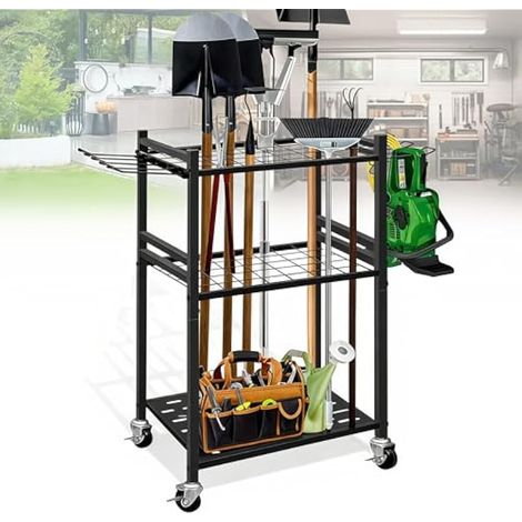 Range Outils de Jardin, Chariot de Jardin en Acier au Carbone avec Roue Universelle Support Range Outils de Jardin avec 6 Crochets Latéraux Longs et 3 Crochets de Rangement pour Garages et Jardins (1/5)