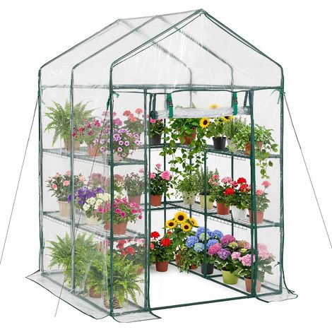 Serre de Jardin avec 10 Étagères 2 Niveaux Serre de Jardin pour Plantes et Fleurs en Pot, avec Bâche Transparente PVC, Porte Zippée Enroulable, Capacité Charge par Niveau 15 kg, 137x137x196 cm (1/5)