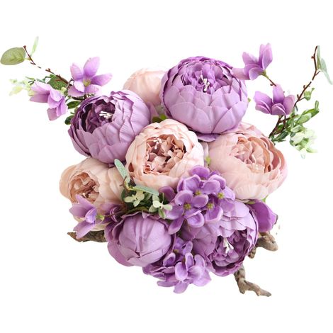 Fleur artificiel,Bouquet de pivoine de noyau de bourgeon de style européen fausses fleurs, décoration de mariage à la maison 13 fleurs artificielles de pivoine-Violet clair (1/2)