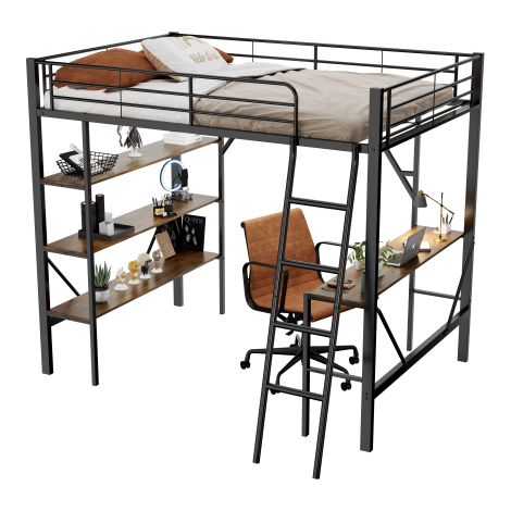 Lit mezzanine métal 90x200cm noir, bureau et 3 rangements pour tous âges