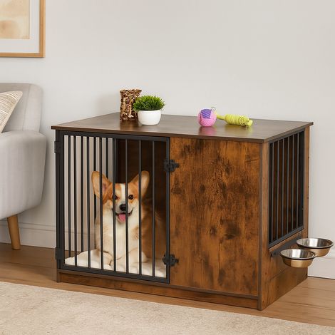 Cage dinterieur pour chien avec gamelles - effet bois taille moyenne (1/5)