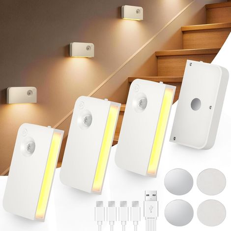 Lot de 4 lampes d'escalier LED avec détecteur de mouvement, rechargeable par USB, 3 couleurs, intensité variable, magnétique, pour escaliers, couloir, armoire, placard, toilettes, chambre à (1/5)