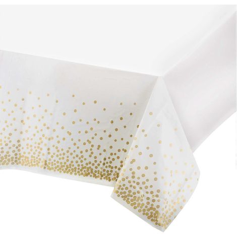 Nappe blanche et dorée jetable pour table rectangulaire 137 x 274 cm (54 x 108 pouces), nappe en plastique pour fêtes, anniversaires, Noël. (1/5)