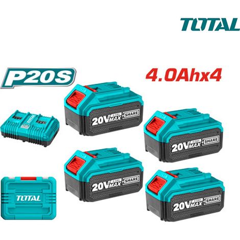 KIT SET 4PZ BATTERIE 4Ah + CARICABATTERIE RAPIDO DOPPIO P20S IONI AL LITIO TOTAL (1/2)