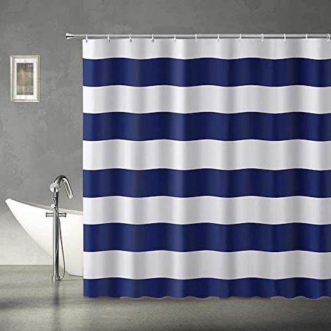 Rideau de douche à rayures bleu marine, bleu et blanc, décoration de salle de bain durable avec crochets (1/4)