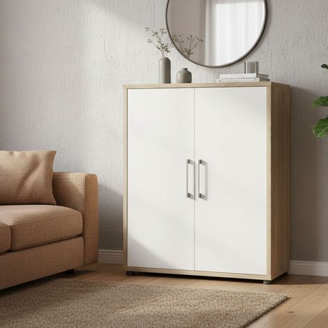 Dmora - Kommode Leocadie, Wohnzimmerbuffet, Wohnzimmer-Sideboard, Moderne Küchen-Speisekammer, 89x40 h113 cm, Eiche und Weiß (1/4)