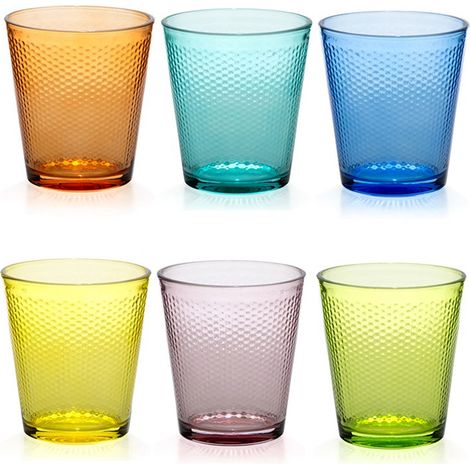 Set 6 Bicchieri in Vetro Colorato Arcobaleno 35cl Tumbler per Acqua e Bibite con Texture a Rilievo Design Moderno Confezione Multicolore per Casa Bar e Ristorazione Professionale.