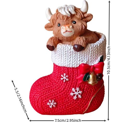 Christmas resin ornaments, red Christmas stockings, Highland cows -