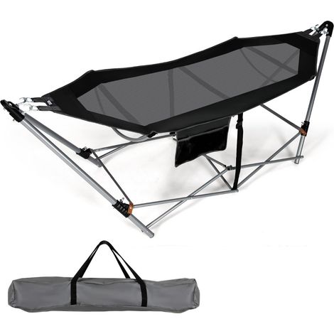 Hamac pliant intérieur et extérieur 227 x 83 x 89 cm avec poche latérale et conception anti-basculement en oxford noir