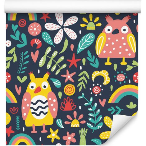 Papier peint à motifs de hiboux et de fleurs colorés pour salon et chambre 50x1000 cm (1/5)