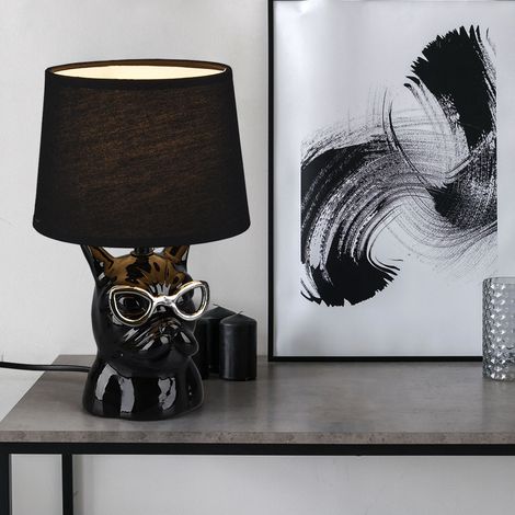 Tischleuchte Nachttischlampe Esszimmerlampe Keramik Tischlampe Textil für Schlafzimmer, Hund mit Brille chrom schwarz, Textil, 1x E14 Fassung, DxH 18x29 cm