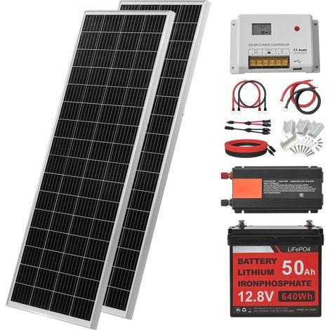 Mophorn Kit solaire autonome 200W 12V avec 2 panneaux solaires monocristallins de 100W, batterie LiFePO₄ 12,8V 50Ah, contrôleur de charge 40 A et onduleur 800 W, idéal pour camping-cars et bateaux (1/5)