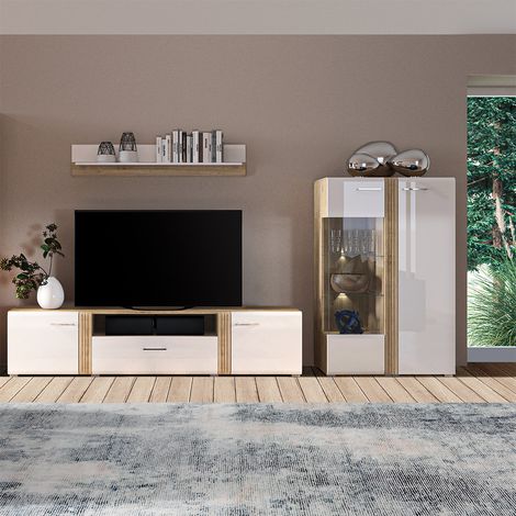 Wohnwand in Eiche Nb. AKRON-131 modern mit Fronten in weiß Hochglanz 3-teilig mit Highboard Vitrine (1/5)