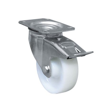 Rueda de nylon con freno y placa giratoria con cojinete liso para pesos de hasta 150 kg varios diámetros Ø125mmx40mm Placa 105x80mm Talad 9mm Alto 155mm Freno 139mm 200kg