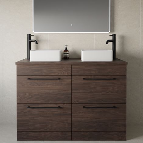Napoli 460 Brown Oak 1200mm 4 Drawer Vanity Unit for Countertop Basins - 1200mm - Matt Black 320mm Handle