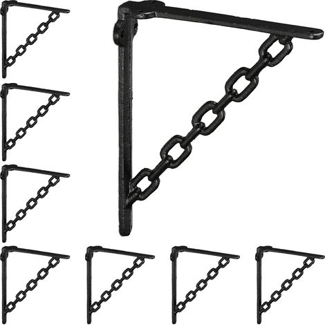 Relaxdays Set 8x Shelf Brackets, Cast Iron, Rack Support, Chain Motif, HWD: 18 x 4 x 21.5 cm, Angle for Shelves, Black