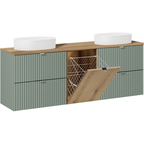 Meuble double vasque 160cm panier à linge Jade Vert et Bois - Vasques ovales