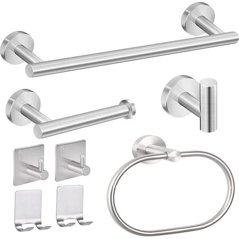 8 pièces Accessoires de Salle de Bain Ensemble Acier Inoxydable,Porte-Serviettes,Porte-Papier hygiénique,Anneau Porte-Serviettes,Crochet à Peignoir,Crochets adhésifs,Porte-Rasoir (Argent) (1/5)