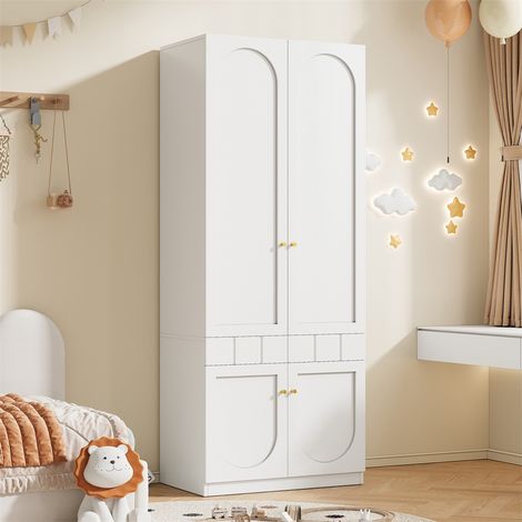 Armoire de Chambre 2 Portes - 80x50x200cm - Penderie avec Tiroirs Push-to-Open et Poignées Métalliques - Finition Laquée - Blanc (1/5)