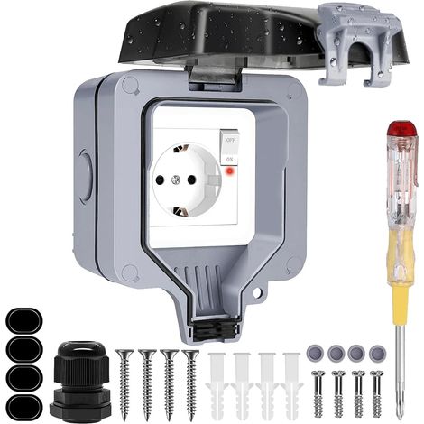 Prise Exterieure Etanche IP66 Single Prise de Courant et Volet de Protection Multiprise Electrique Murale de Jardin, Prise Anti-Poussière et Coupe-Vent avec Interrupteur, Voyant Lumineux (1/5)