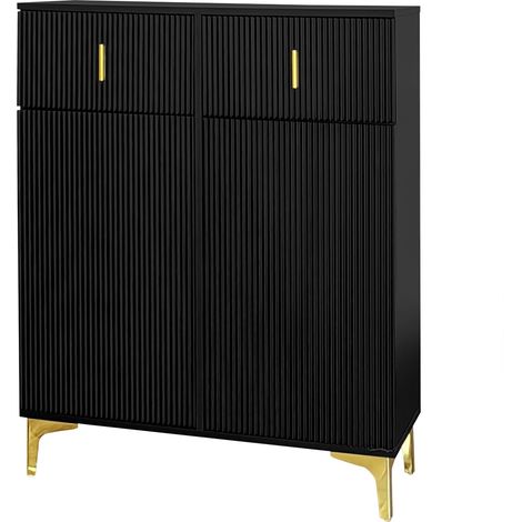 Aparador zapatero negro de 2 puertas y 2 cajones con paneles texturizados y patas doradas (1/5)