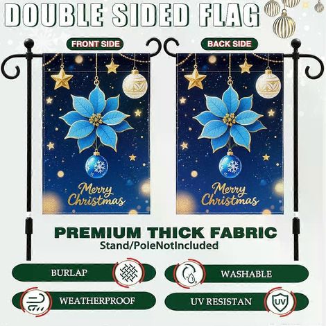 Drapeau de bienvenue bleu de Noël pour jardin, décoration de cour extérieure, drapeau de maison double face, décorations de bienvenue (mât non inclus). (1/5)