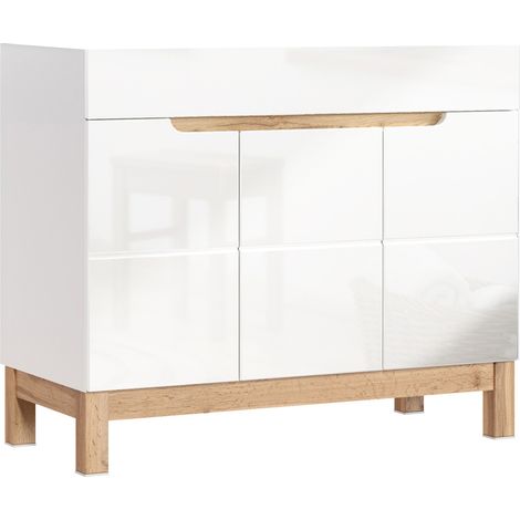 Waschtischunterschrank 100 cm SOLNA-56 Hochglanz weiß mit Wotaneiche, B x H x T ca. 100 x 85 x 46cm (1/5)