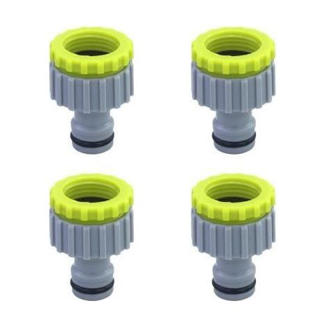 Set of 4 plastic tap adapters for garden hose, sizes 1/2", 3/4", 2-in-1 (green)