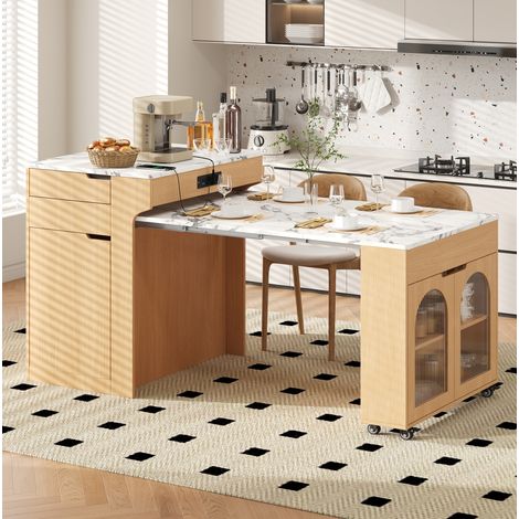 Isola cucina estensibile 98x55x93 cm in MDF e vetro, naturale, salvaspazio – MEUBLIV (1/5)