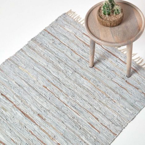 HOMESCAPES Leather Glitter Rug Silver and Natural, 120 x 180 cm