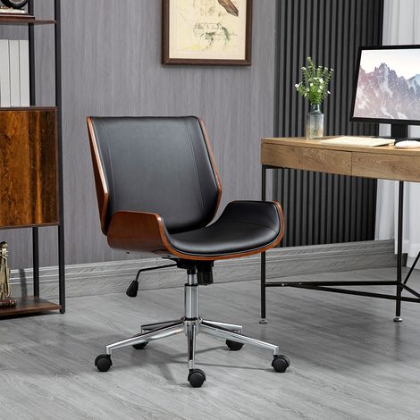 Chaise de bureau vintage rembourrée, en simili cuir, bois et acier, 53x60x86-96 cm, noir et marron foncé (1/5)