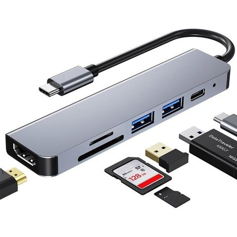 Hub USB C, Adaptateur USB C multiport pour MacBook Pro, Hub USB C à HDMI 6en1(4K HDMI USB3.0 USB2.0 SD/TF Card Reader 87W PD)Gris (1/5)