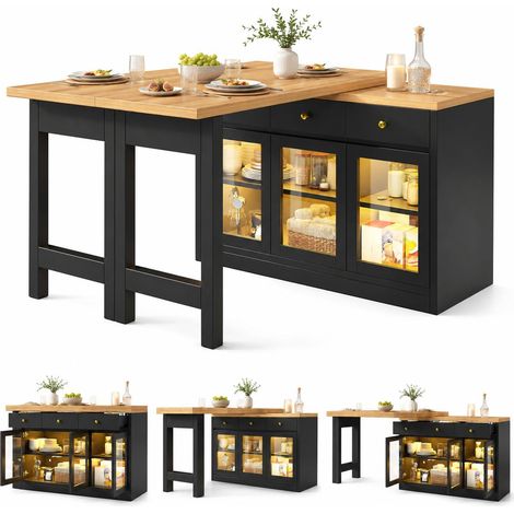 FurnitureR Black Extendable Kitchen Island 120 to 200cm with LED Storage (1/5)