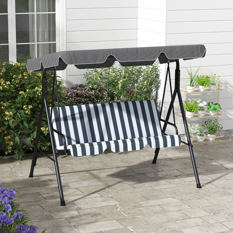 Balançoire Hollywood. Balançoire de jardin. Banc-balançoire 3 places avec auvent. Acier. 172 x 110 x 153 cm. Gris et blanc.