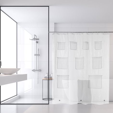 Rideau de douche ou doublure de douche en PEVA avec poches de rangement en filet, rideau de douche transparent et imperméable pour salle de bain, 178 x 178 cm