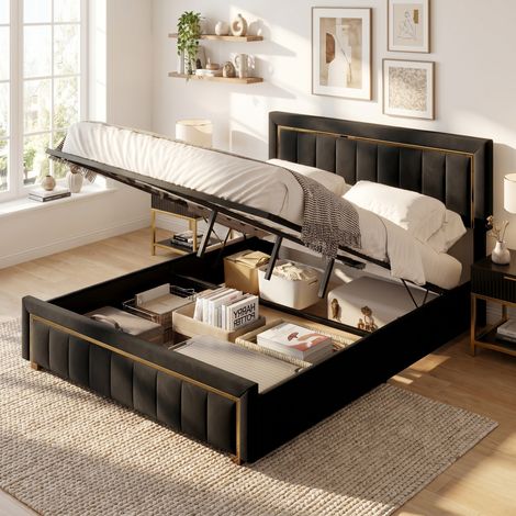 Lit coffre 160x200 cm - lit capitonné hydraulique,sommier à lattes,tête de lit à bordures dorées - velours haut de gamme - moderne & chic - noir (1/5)