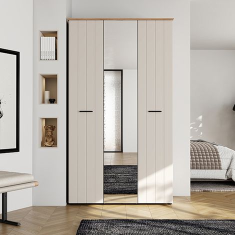 Guardarropa 3 Puertas Bhakta, Armario Dormitorio 4 Estantes, Perchero, Apertura Abatible, 117x54 cm Blanco Crema (1/5)