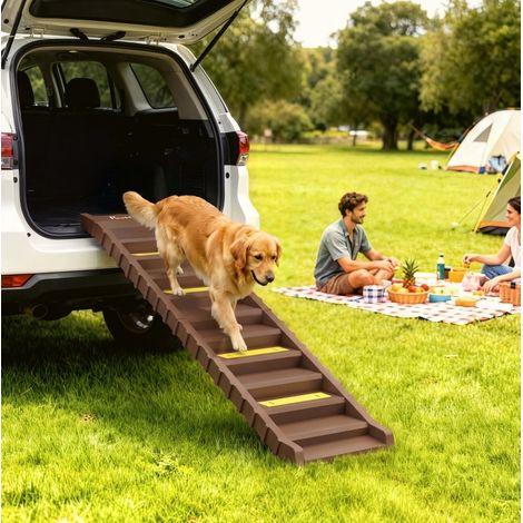 Rampa plegable para perro para coche, 10 peldaños, 154 x 40 cm, hasta 25 kg, marrón DESVIAE (1/5)