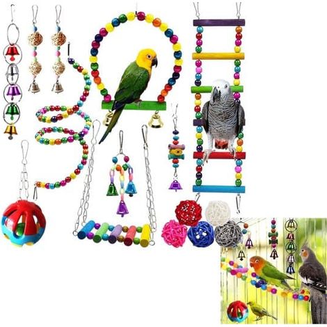 15 pièces - Balançoire pour oiseaux avec clochettes - Jouet suspendu pour cage de perroquet - Convient aux perruches ondulées et aux inséparables - Ensemble de jouets à mâcher pour perroquets - 15 piè