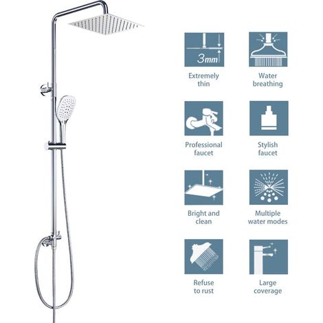 Colonne de Douche en Acier Inoxydable Chromé sans Robinet, 2 Fonctions Ensmeble de Douche Carré avec Barre Réglable et Douchette à 3 Modes de Jets - DBWF01XS (1/4)