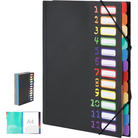 Organizador de documentos A4 con 12 compartimentos, apertura plana de 180°, con banda elástica y etiquetas multicolor, color negro (1/5)