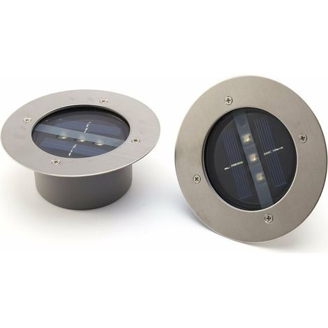 VURAHOME - Lot de 2 spots LED solaires modernes encastrables au sol ronds en acier inoxydable/verre pour l'extérieur, (lumière chaude) (1/5)