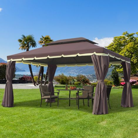 Outsunny Gartenpavillon Pavillon 390 x 290 x 280 cm Gartenzelt Festzelt Partyzelt mit 4 x Seitenteile Moskitonetz wetterfest Aluminium Polyester Kaffee+Schwarz
