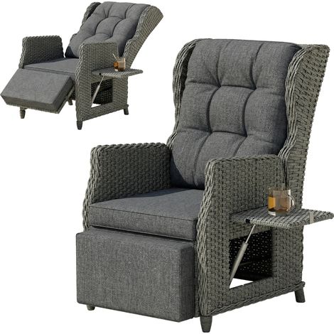 Outsunny Rattan Garden Recliner Chair with Flip Table, Dark Grey (1/5)