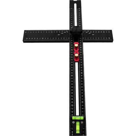 Escuadra en T de 54 cm con nivel de burbuja, herramienta de medición multiángulo de 90° y 45°, regla combinada ajustable para carpintería, color negro. (1/5)