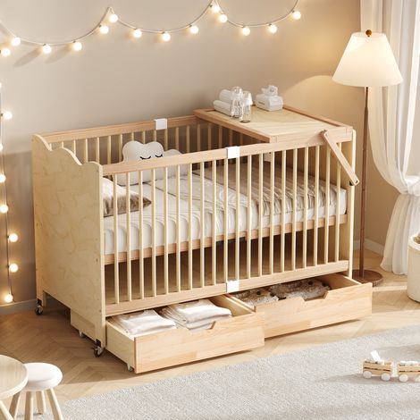 Cuna para bebé con somier de láminas 70x140x94,5 cm multifuncional regulable en altura de madera maciza de pino con cambiador y cajones de almacenamiento - color natural (1/5)