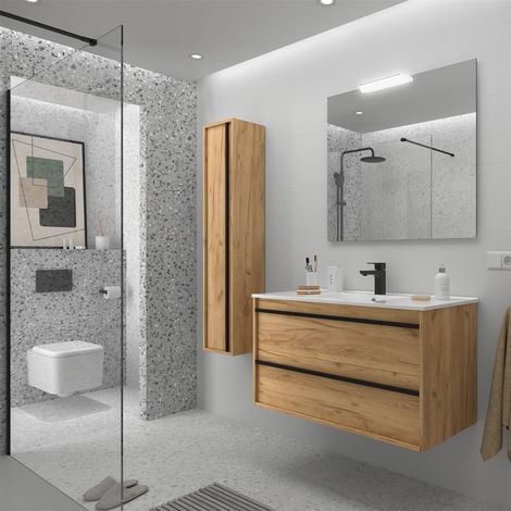 Ensemble complet ATTILA 1000 2 tiroirs CHÊNE D'AFRIQUE + meuble-lavabo + miroir + lampe (1/3)