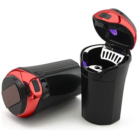 Cenicero para automóvil (paquete de 1), cenicero para automóvil de acero inoxidable extraíble de fácil limpieza con tapa, luz LED azul y encendedor extraíble para la mayoría de los portavasos de autom (1/5)